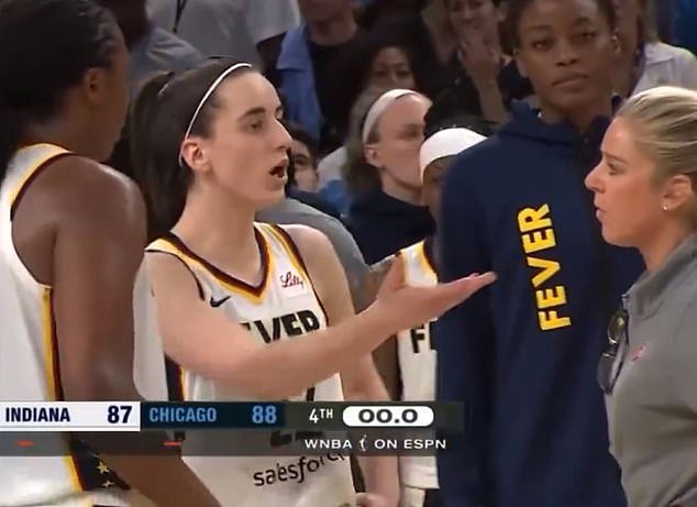 Clark appeared to have a disagreement with Indiana Fever coach Christie Sides (right).