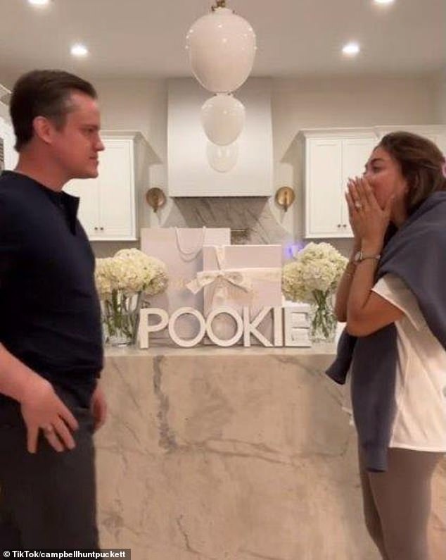 Campbell Pookie Puckett cries when her husband Jett surprises her