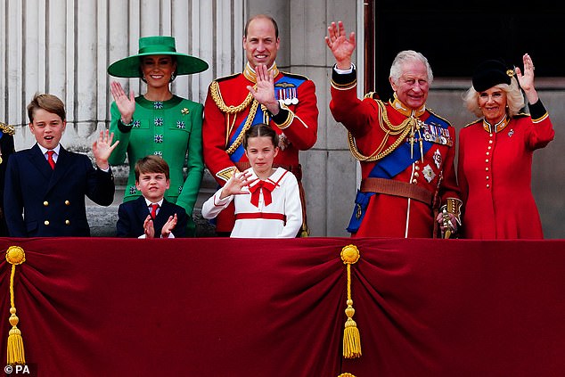 2023 -- (Left to right) Prince George, Kate, Prince Louis, Prince William, Princess Charlotte, King Charles and Queen Camilla at Buckingham Palace for Trooping the Color on June 17 last year