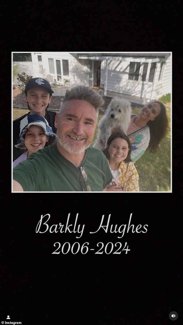 The radio star announced the death of her dog Barkly live on her Hughesy, Ed and Erin breakfast show on Monday morning, and shared pictures of it on Instagram. Pictured with his wife Holly, his three children Rafferty, Sadie and Tess, and his dog Barkly.