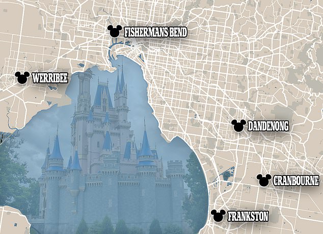 Local politicians suggested five locations as the best sites for the country's first Disneyland, including Werribee, Fishermans Bend, Dandenong, Cranbourne and Frankston.