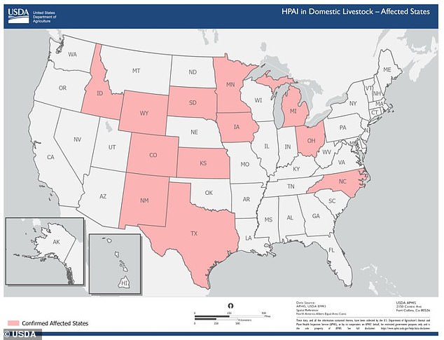 The map above shows states where avian flu infections in livestock have been reported.