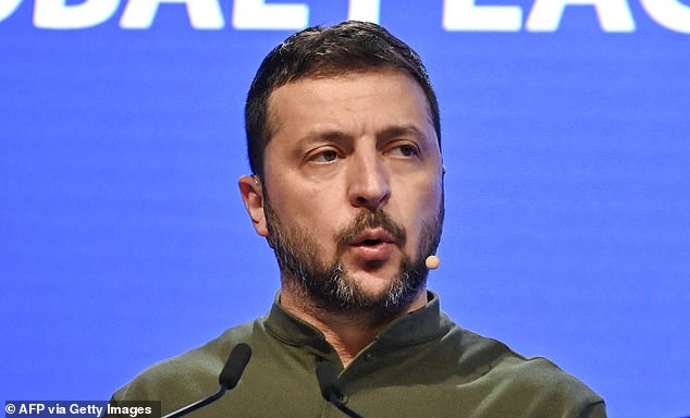 Ukrainian President Volodymyr Zelenskyy speaks during a press conference after the 21st Shangri-La Dialogue summit at the Shangri-La Hotel in Singapore on Sunday. Zelenskyy urged a group of senior defense officials at Asia's main security conference on Sunday to attend an upcoming peace summit, saying Ukraine was ready to listen. "various proposals and thoughts" about the end of the war with Russia