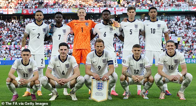 England players pose for a team photo before their lackluster match against Slovenia.