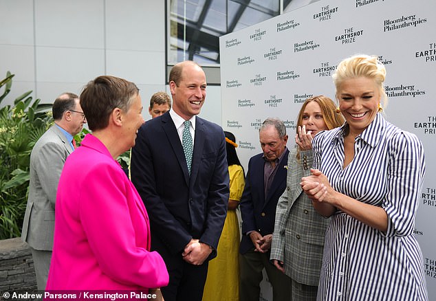 Hannah Waddingham, wearing a striped dress, was pictured chatting to Prince William today.