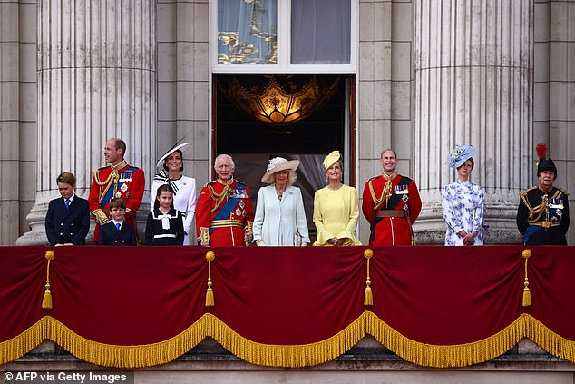 The Duke and Duchess of Edinburgh showed their popularity at the weekend when they did their bit amid the pomp and majesty of Trooping the Colour. Above: (Left to right) Prince George, Prince William, Prince Louis, Kate, Princess Charlotte, King Charles III, Queen Camilla, Sophie, Prince Edward, Lady Louise Windsor and Princess Anne in the palace balcony on saturday