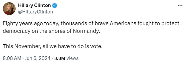 The Democrat, who ran against Donald Trump for president in 2016, compared fighting Nazi Germany to voting against Trump in November.