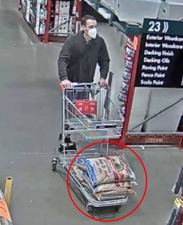 Justin Stein buys sand at Bunnings to pour into the barrel where he had put Charlise Mutten's body after shooting her in the face.