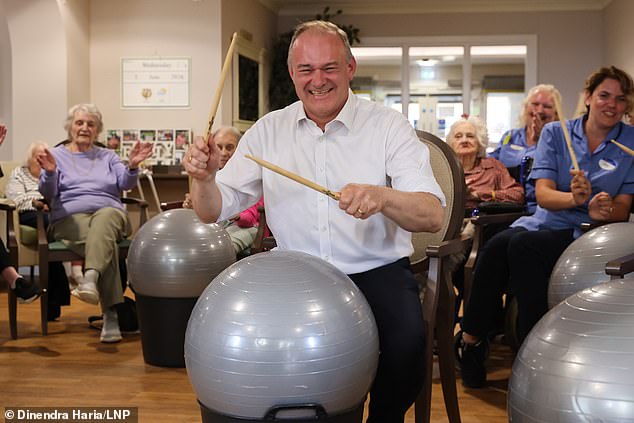 Liberal Democrat leader Ed Davey joined residents at a DrumFit class at Abbotswood Court Care Village in Romsey, Hampshire, while campaigning for the June 5 election.