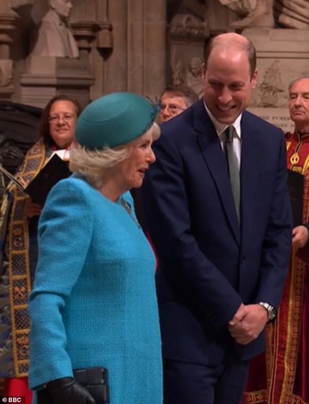 Queen Camilla and Prince William laugh as they lead the royals at Westminster Abbey.