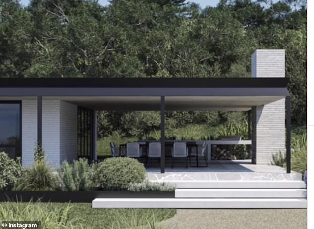 Located on Main Ridge, near Arthur's Seat, 85 kilometers from Melbourne on the Mornington Peninsula, she told fans the renovated home will feature three bedrooms, three bathrooms and a luxurious sculpted garden. Pictured: An architect's impression of a finished house.