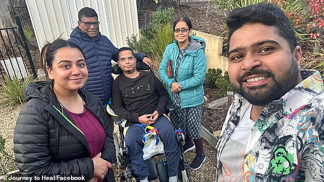 Mr Deka (pictured with loved ones) was left paraplegic and suffered a brain injury after an alleged attack in Hobart last year, but faces returning to India when his student visa expires.