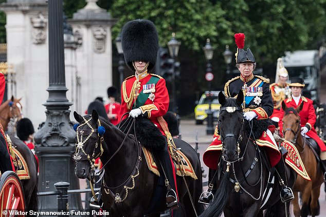 During the procession, the Princess Royal, 73, donned her military uniform and expertly stabilized her steed.