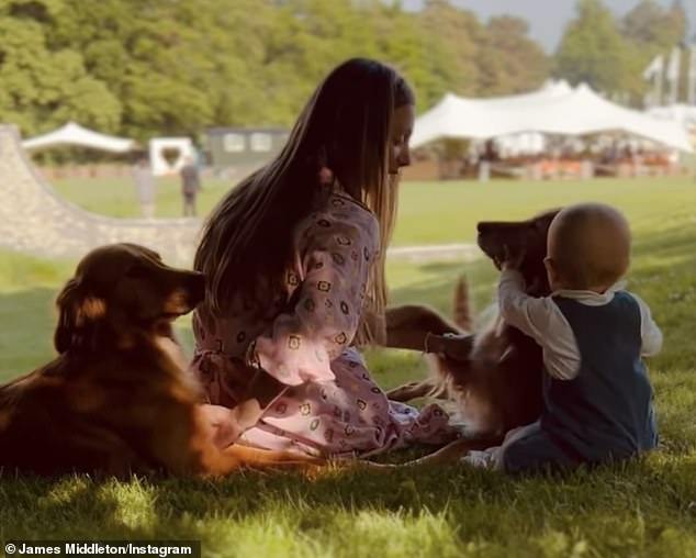 James Middleton shared a sweet photo of his son Inigo, his wife Alizee (left) and their dogs watching him talk about his new book.