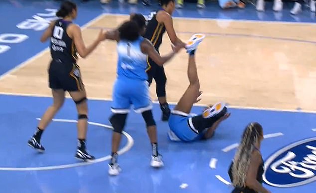 Angel Reese took a hard fall after being fouled by Connecticut's Alyssa Thomas in May.