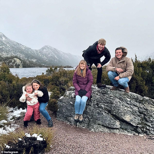 Robert, his mother Terri, his sister Bindi and her husband Chandler Powell went to Tasmania with Bindi's young daughter Grace. Everyone in the photo