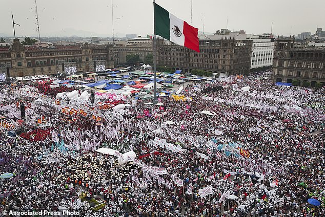 Sheinbaum supporters fill the Zócalo during his campaign closing event in Mexico City.