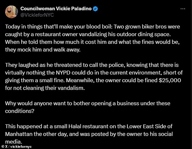 New York City Councilwoman Vickie Paladino, who represents Queens' 19th District, posted the clip on X.