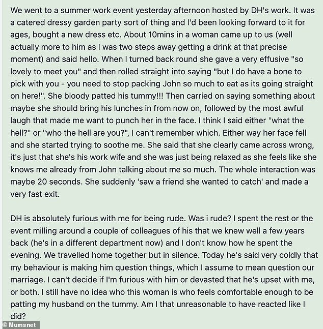 On the parenting platform, the irritated wife revealed that the woman patted her husband's belly at a summer work event and made comments about how she would pack his lunches from now on because his wife makes them too much. big.