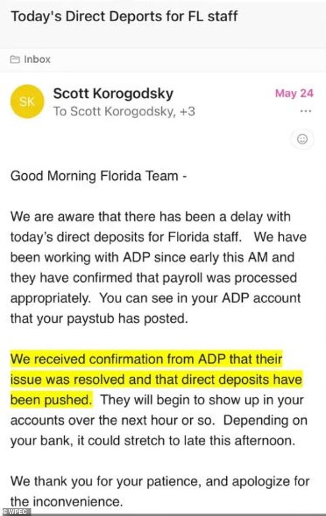 Internal emails sent to staff and viewed by the outlet show Korogodsky assured staff members they would be paid after a delay in receiving paychecks.