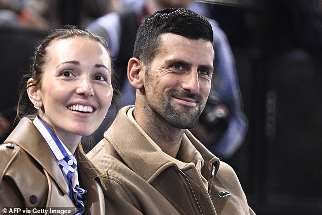 Novak Djokovic and his wife Jelena Djokovic attend the Starligue PSG vs Aix-en-Provence match at the Accor Arena in Paris on May 31.