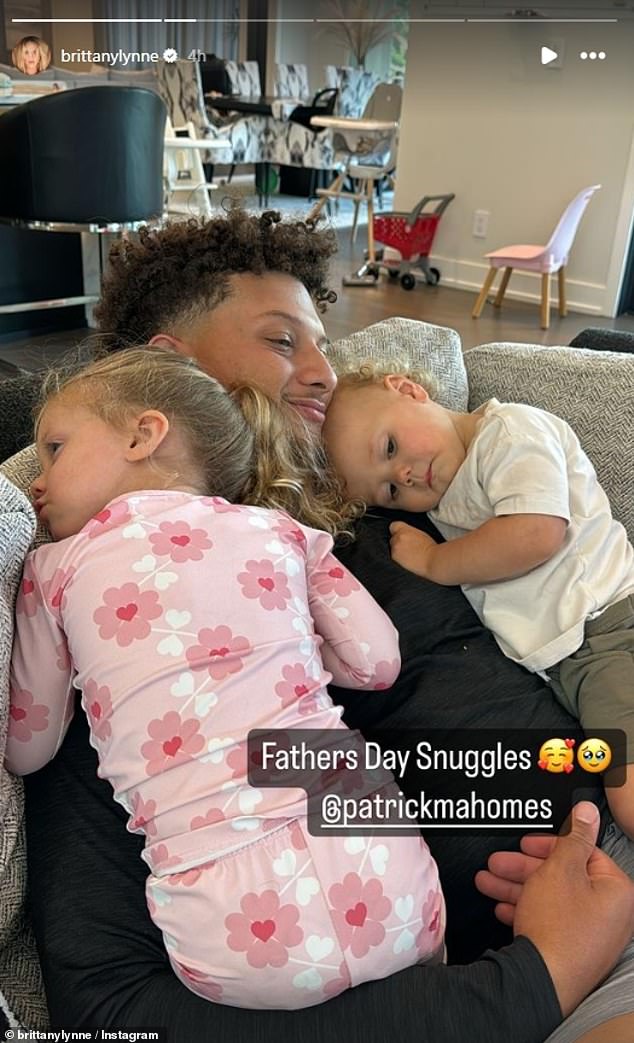 Brittany also shared a photo of the Chiefs quarterback snuggling on Father's Day.