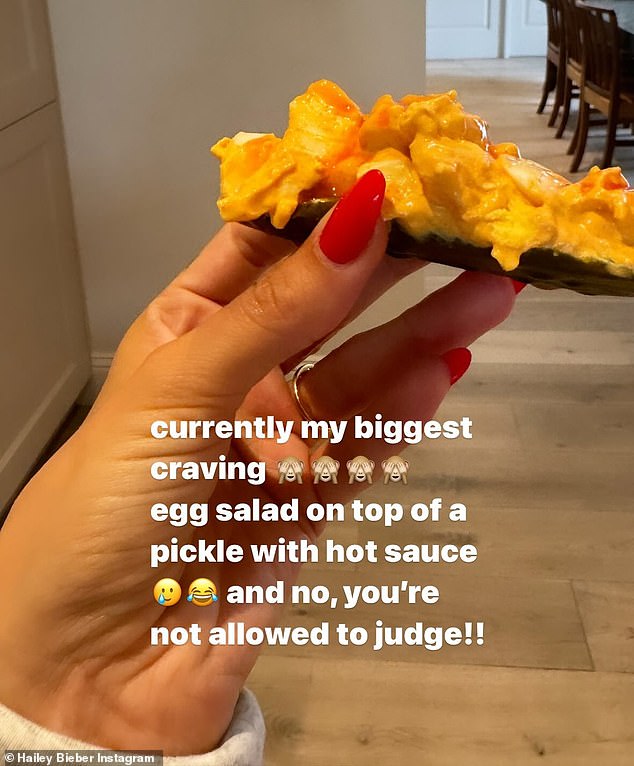 Hailey recently revealed that 'egg salad on top of a pickle with hot sauce' is her 'biggest craving' during her pregnancy.