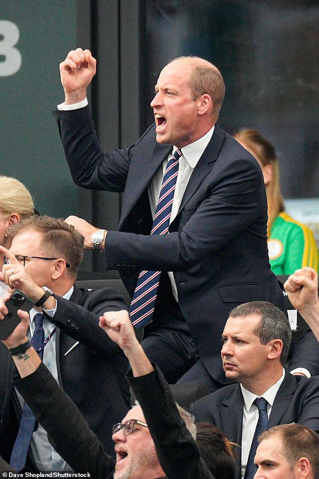 Pictured: Prince William put on a spirited display at England's Euro match against Denmark in Frankfurt on Thursday night.