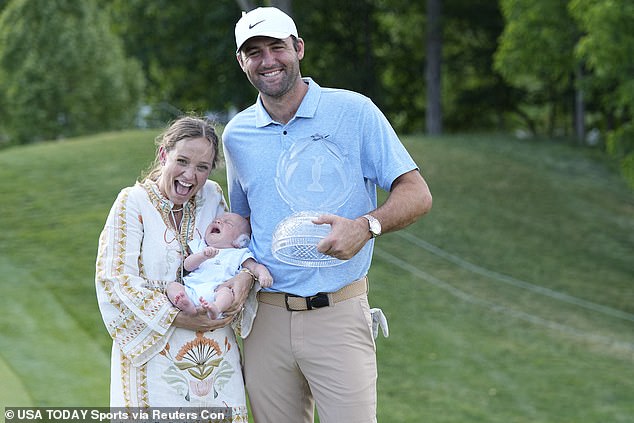 Scheffler toasts victory at Muirfield Village with wife Meredith and newborn son Bennett