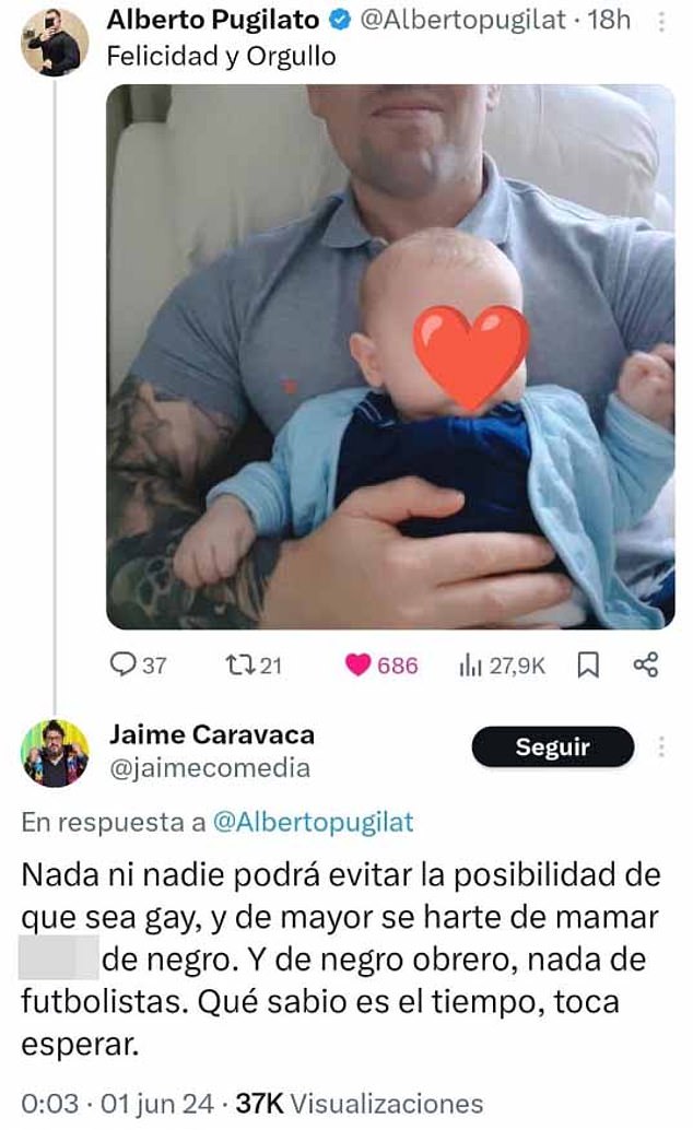 Pugilato's reasons for hitting the comedian were related to a comment that Caravaca had made the day before in X, after the father published a photo with his son. In the comments, Caravaca said the baby was gay and would get sick from 