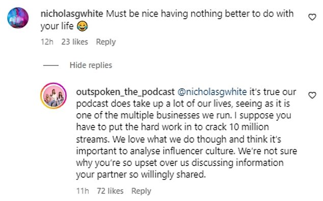 The backlash didn't end there, with Sophie's new boyfriend Nicholas jumping to her rescue and slamming the Outspoken podcast on his own Instagram page.