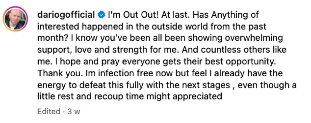 '90s pop legend Dario G shared a heartbreaking final post on Instagram in which he vowed to beat his cancer just weeks before his tragic death at age 53.