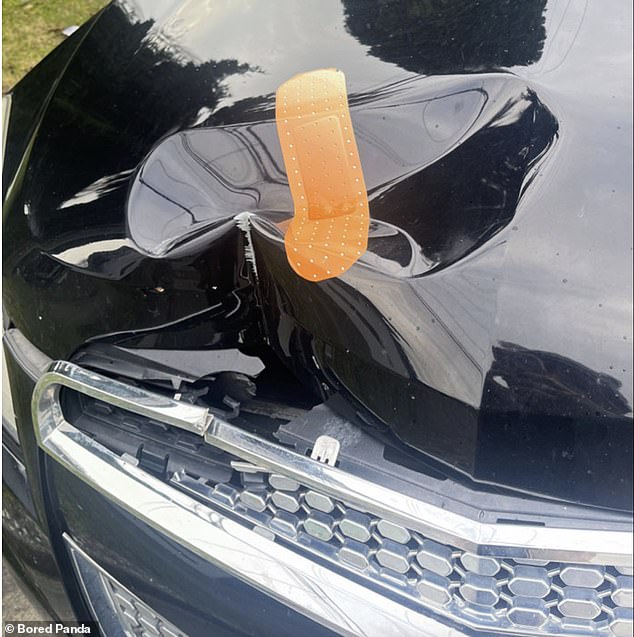 Repairing cars can be expensive. That's why this neighbor chose to put a plaster over the dent on his car.