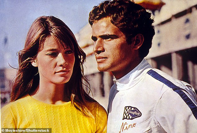 Hardy starred in the 1966 film Grand Prix alongside Antonio Sabato (pictured)