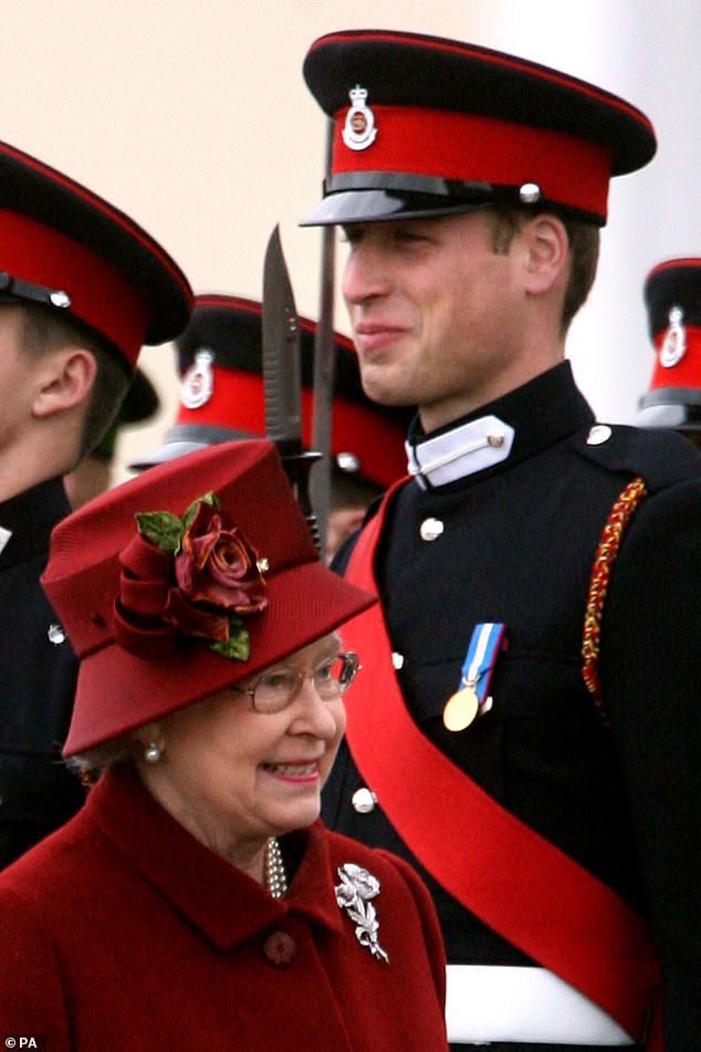 Queen Elizabeth II enjoys a fun moment with her grandson Prince William as she watches him during his farewell parade at Sandhurst.