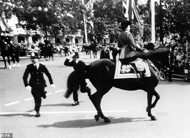 Her Majesty was riding her beloved Burmese horse through The Mall when shots rang out, terrifying her steed.