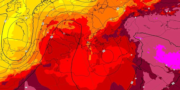 Pictured: Copernicus Climate Change Service graph predicts temperatures of up to 30 degrees across much of southern Europe this week.