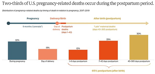 The above shows pregnancy-related deaths in the US by when they occurred; most occur after childbirth.