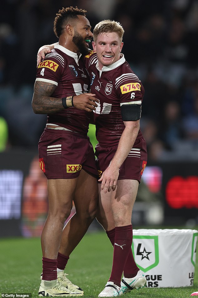 MFW's tweet then provided alarming statistics revealing that State of Origin nights see an 'average 40 per cent increase in domestic assaults' (pictured left, Maroons star Hamiso Tabuai-Fidow celebrating one of his three attempts on Wednesday).