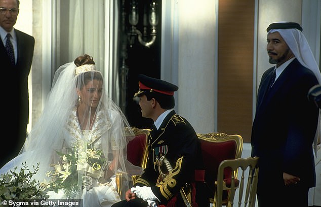 The couple met at a dinner in 1992 and became engaged six months later, exchanging vows on June 10, 1993, in a grand ceremony at the Zahran Palace in Amman, Jordan. Above: Rania and Prince Abdullah on their wedding day.