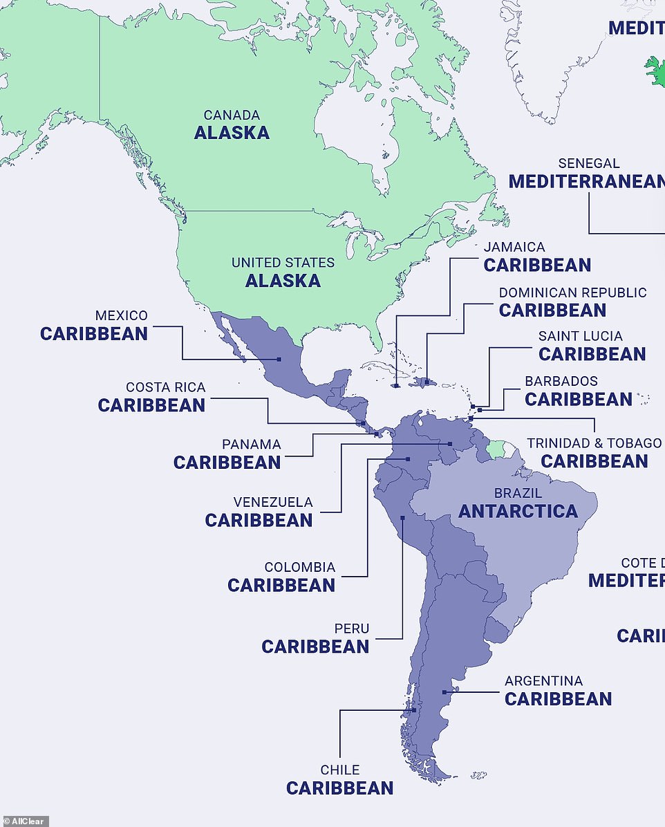 The Caribbean dominates South America, while an Alaska cruise takes first place in Canada and the United States.