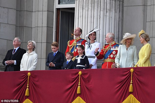 In 2023, just 14 members of the Royal Family attended the historic site to mark the King's birthday celebrations, while this year the balcony was not much fuller, with 15 members watching the aerial parade.