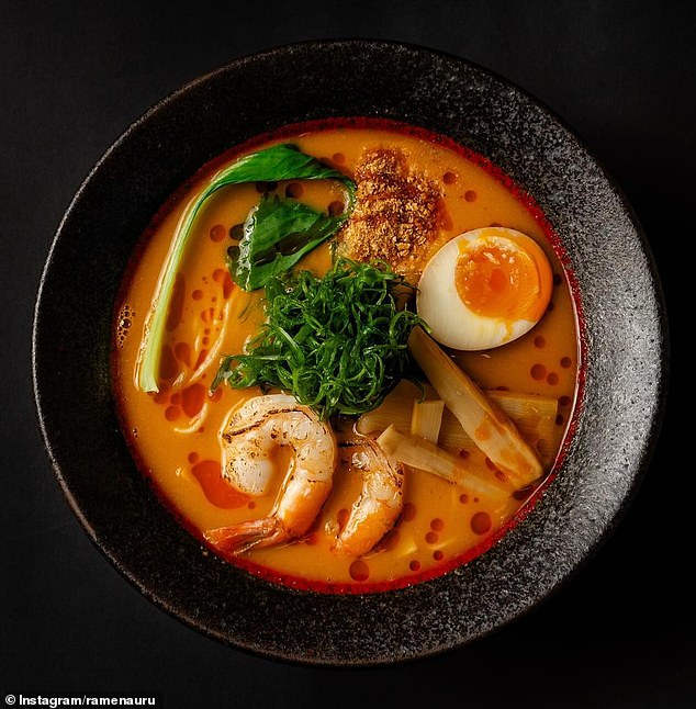 Pictured: Ebi ramen with miso broth and French bisque and fresh red prawns.