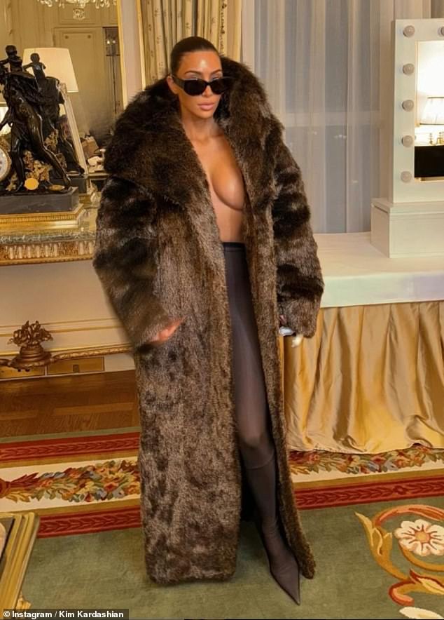 Katy's fur coat was also reminiscent of Kim herself, who radiated glamour in a black faux fur coat in France in March.