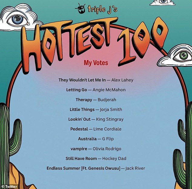 The Prime Minister listed his top ten picks for Triple J's Hottest 100 (pictured) and published his list on X.