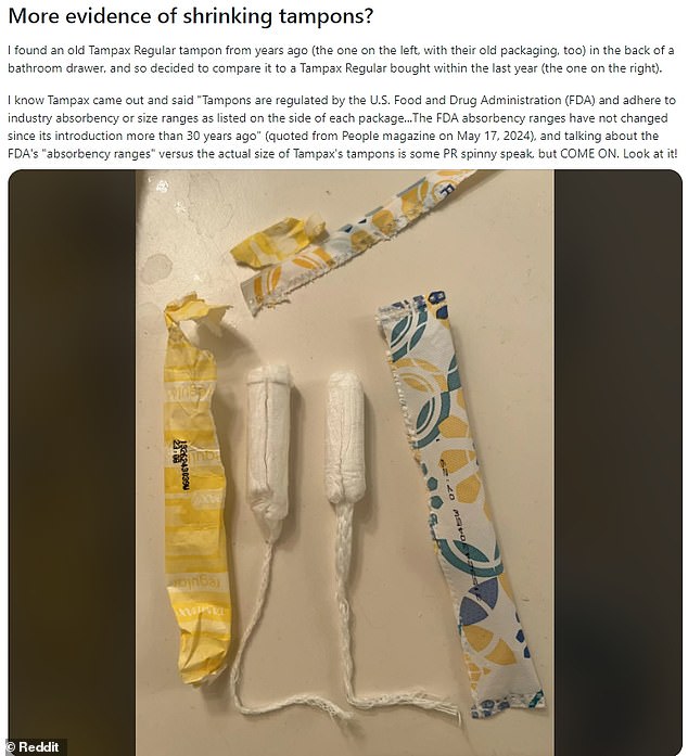 People have also taken to Reddit to point out an apparent reduction in the size of tampons over the years, comparing the size of a regular, old tampon (left) to a newer one (right).