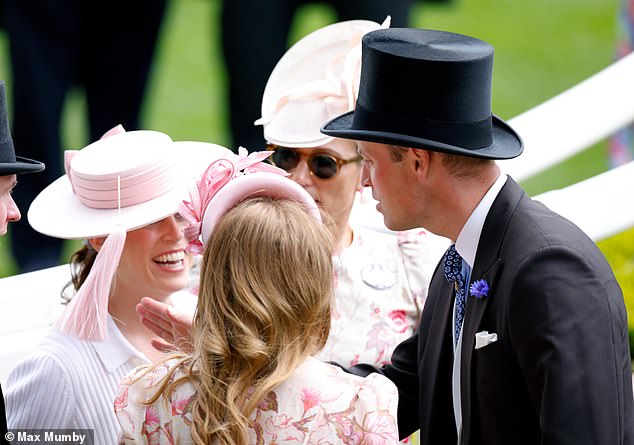 William (right) shared a joke with his younger cousin Princess Eugenie (left) on day two at Royal Ascot.