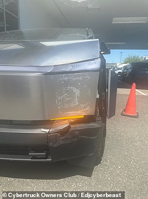 A Cybertruck owner in California posted photos of the damage to his car after it crashed into a traffic sign pole due to a brake issue. A broken bumper cover can be seen here.