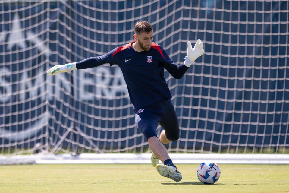 KANSAS CITY, KS - JUNE 30: Matt Turner of the United States passes the ball during USMNT training at Compass Minerals National Performance Center on June 30, 2024 in Kansas City, Kansas. (Photo by John Dorton/ISI Photos/USSF/Getty Images for USSF)