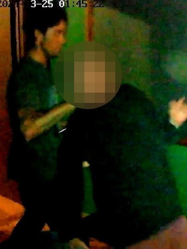 A motion-activated camera owned by Pledger showed him pulling the woman's hair, knocking her to the ground and stomping on her head (pictured)